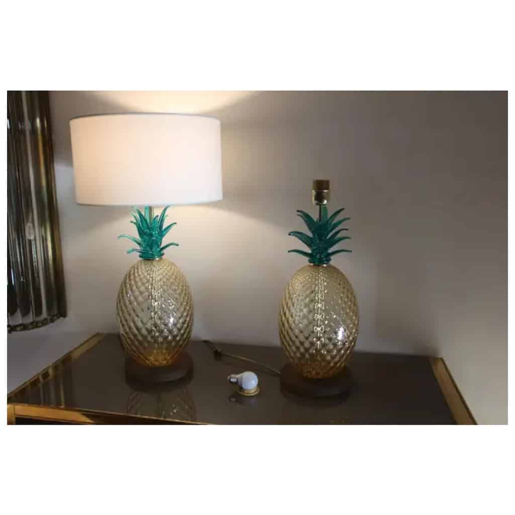 Pair of pineapple table lamps in Murano glass in emerald green and amber color 13