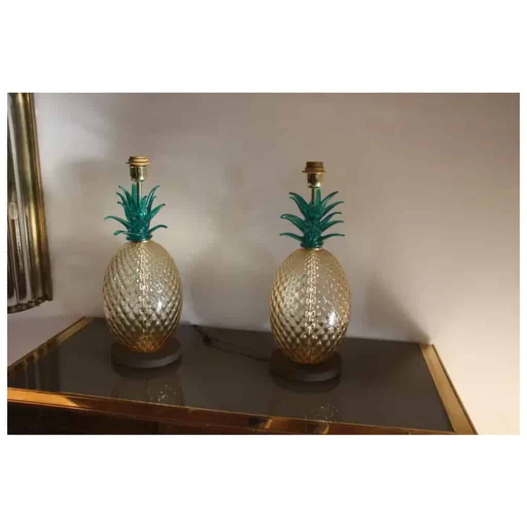 Pair of pineapple table lamps in Murano glass in emerald green and amber color 14