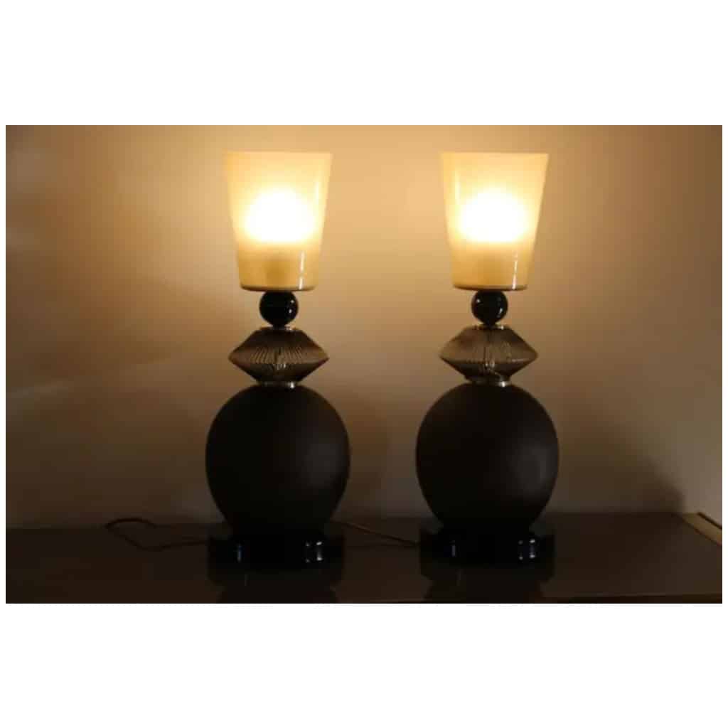 Paire de lampes de table en verre de Murano beige et brun fumé 4