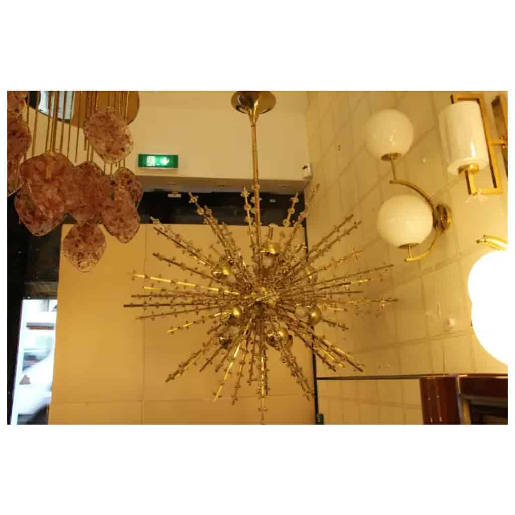 Extra large Sputnik chandelier in brass and transparent crystal flowers 20
