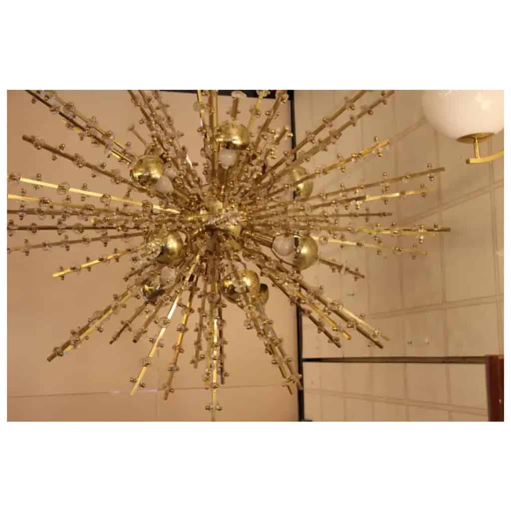 Lustre Spoutnik extra large en laiton et fleurs en cristal transparent 13