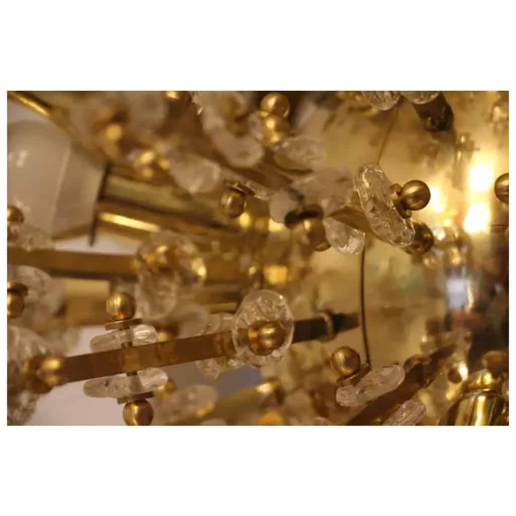 Lustre Spoutnik extra large en laiton et fleurs en cristal transparent 18