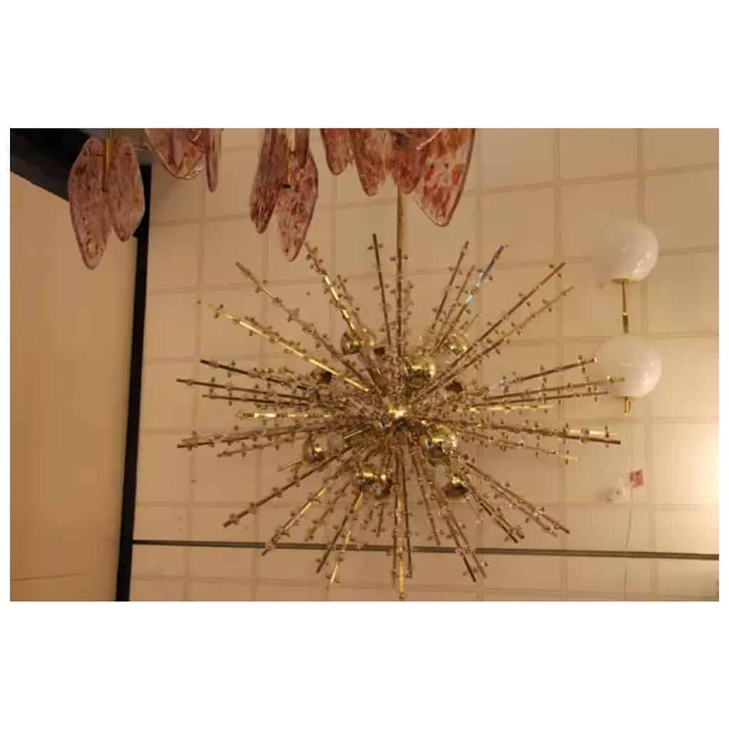 Lustre Spoutnik extra large en laiton et fleurs en cristal transparent 16