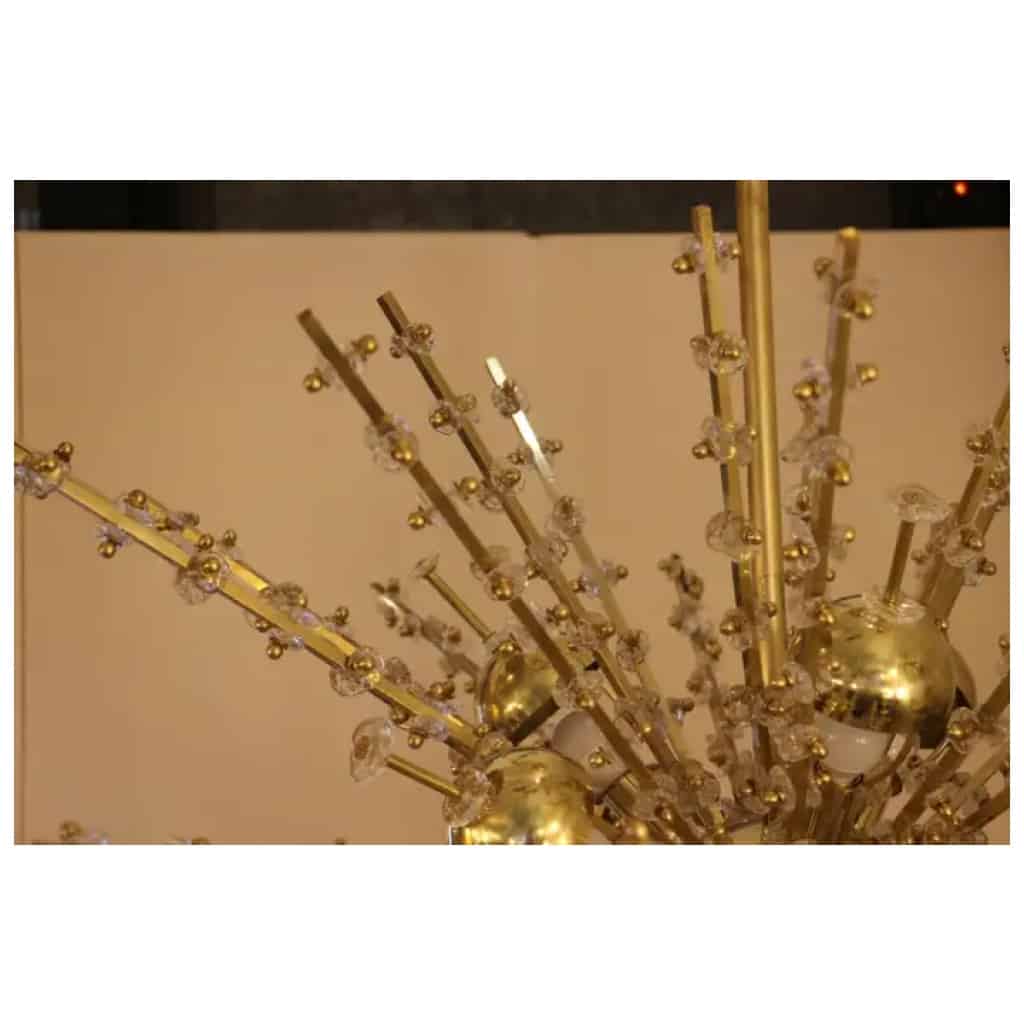 Lustre Spoutnik extra large en laiton et fleurs en cristal transparent 8