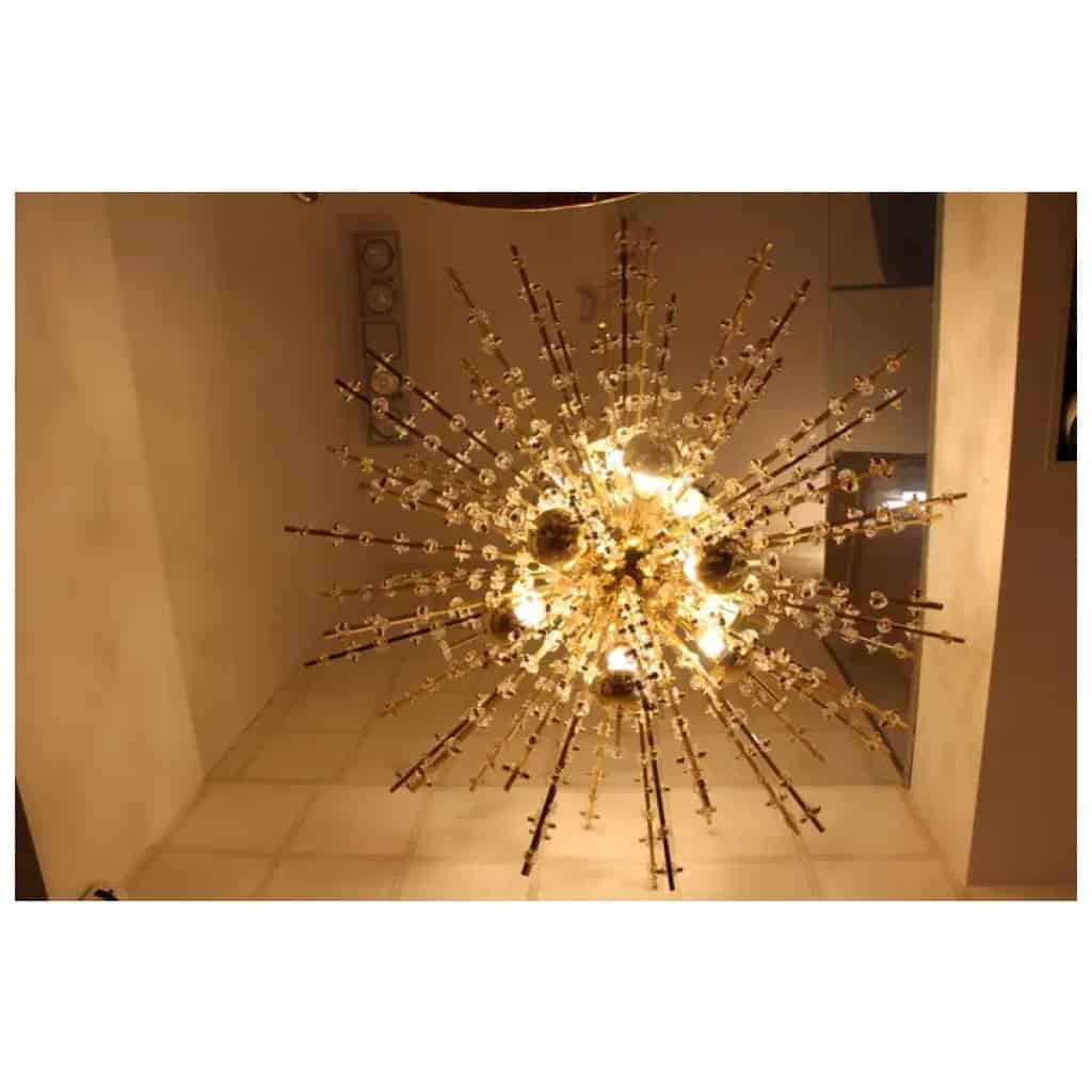 Lustre Spoutnik extra large en laiton et fleurs en cristal transparent 10
