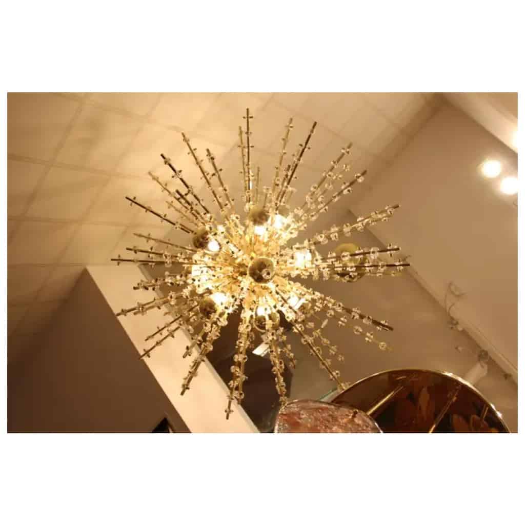 Lustre Spoutnik extra large en laiton et fleurs en cristal transparent 5