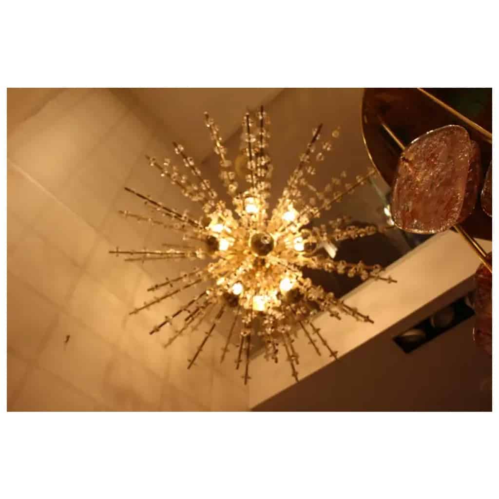 Lustre Spoutnik extra large en laiton et fleurs en cristal transparent 4