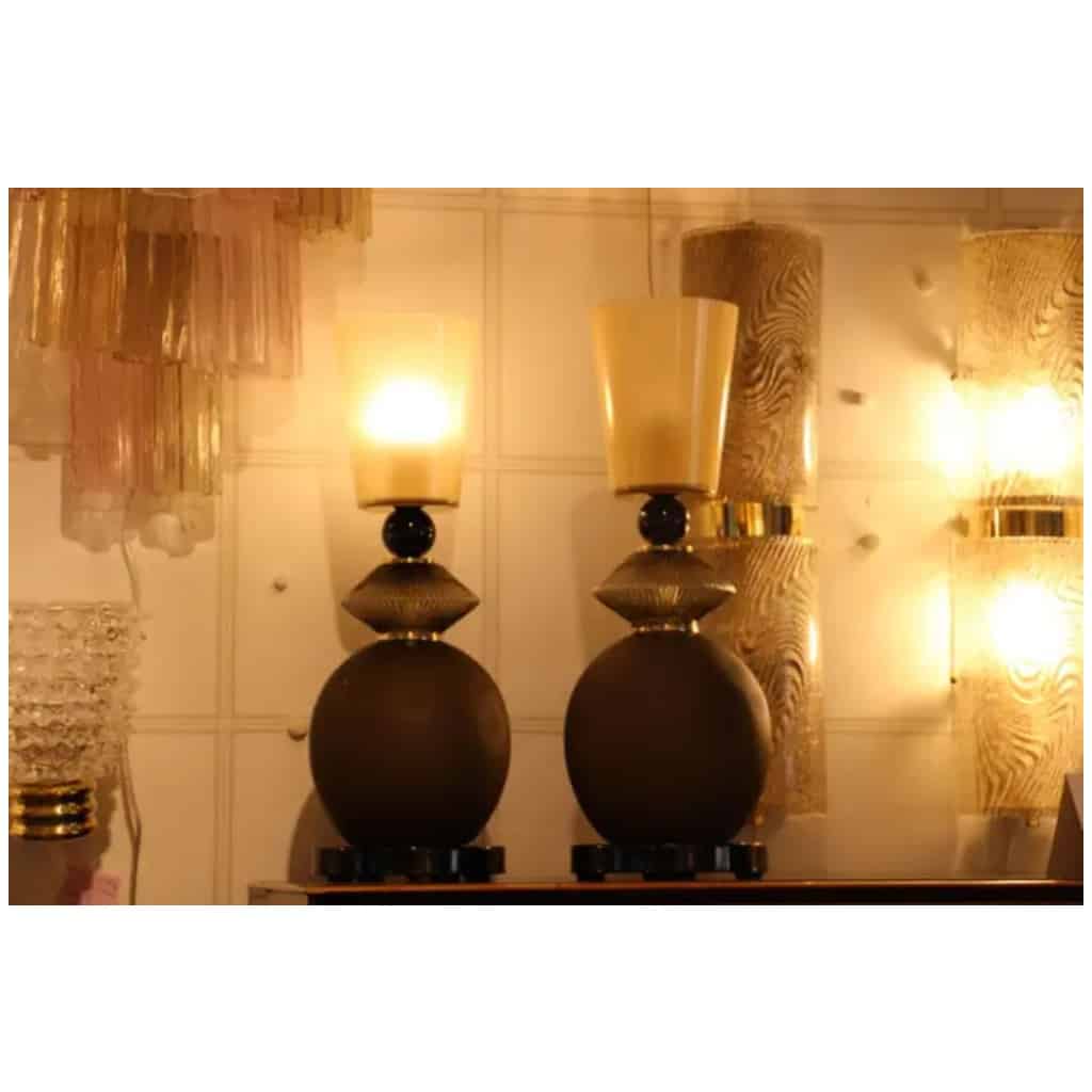 Paire de lampes de table en verre de Murano beige et brun fumé 17