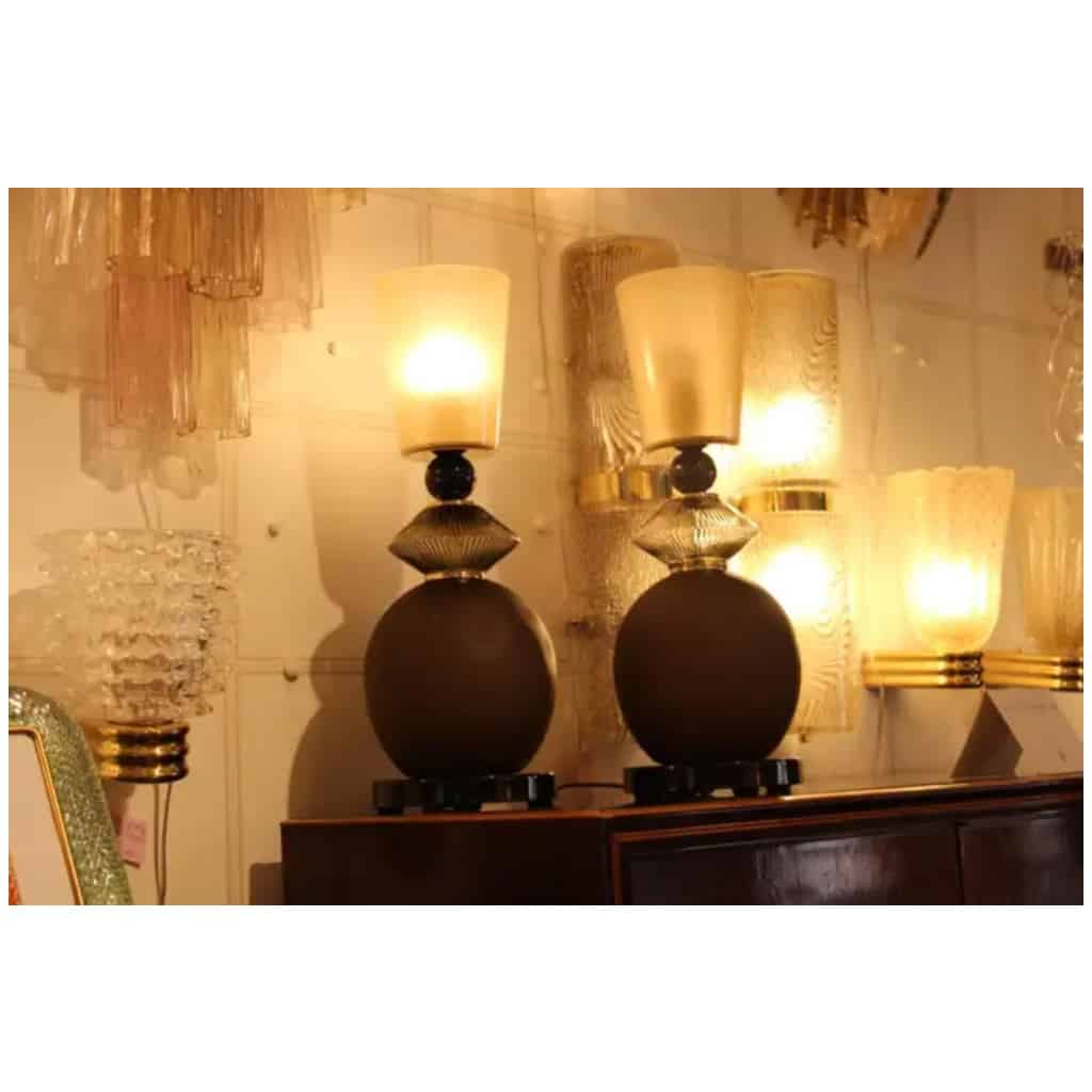 Paire de lampes de table en verre de Murano beige et brun fumé 15