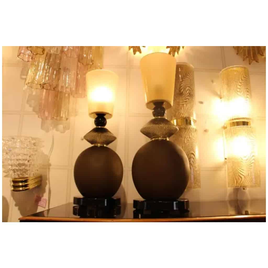 Paire de lampes de table en verre de Murano beige et brun fumé 14