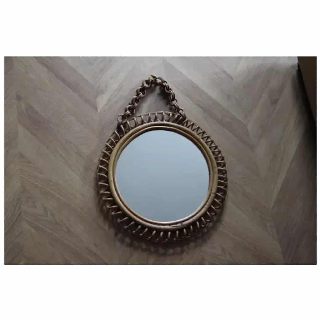Vintage round rattan and bamboo wall mirror from the 1960s by Franco Albini 7