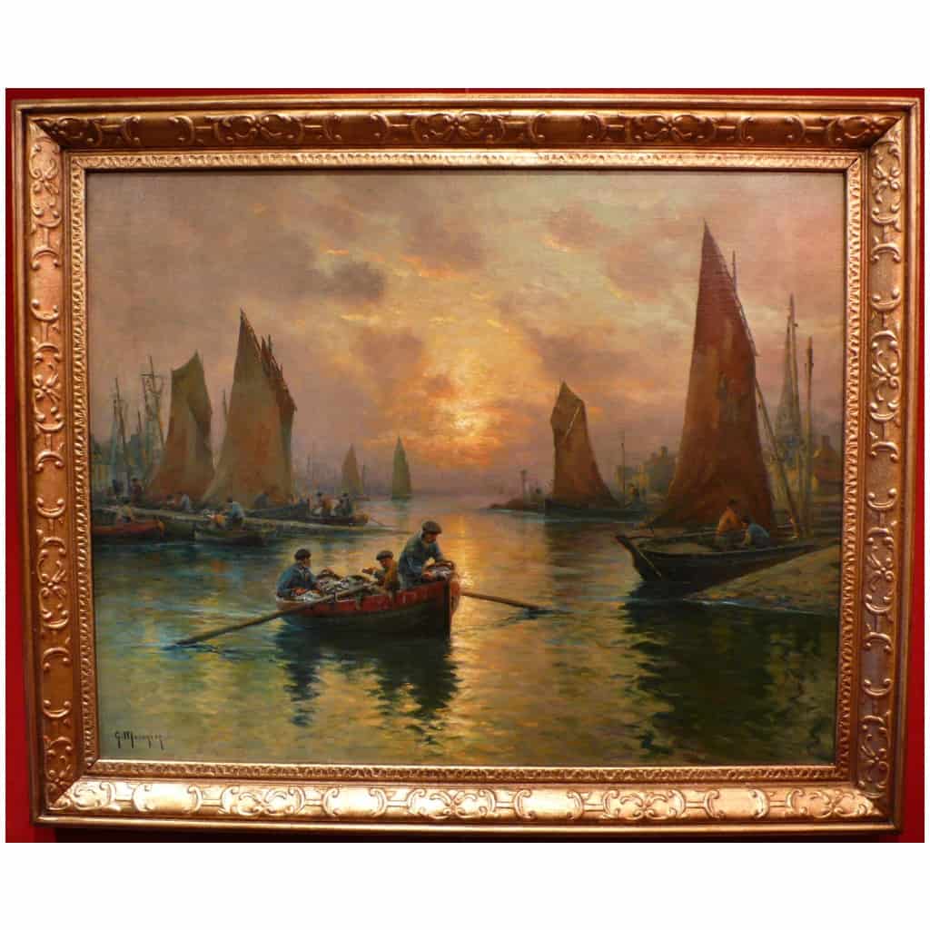 MARONIEZ GEORGES FRENCH PAINTING FINE XIXTH CENTURY THE RETURN OF THE FISHERMEN OIL ON CANVAS SIGNED 3