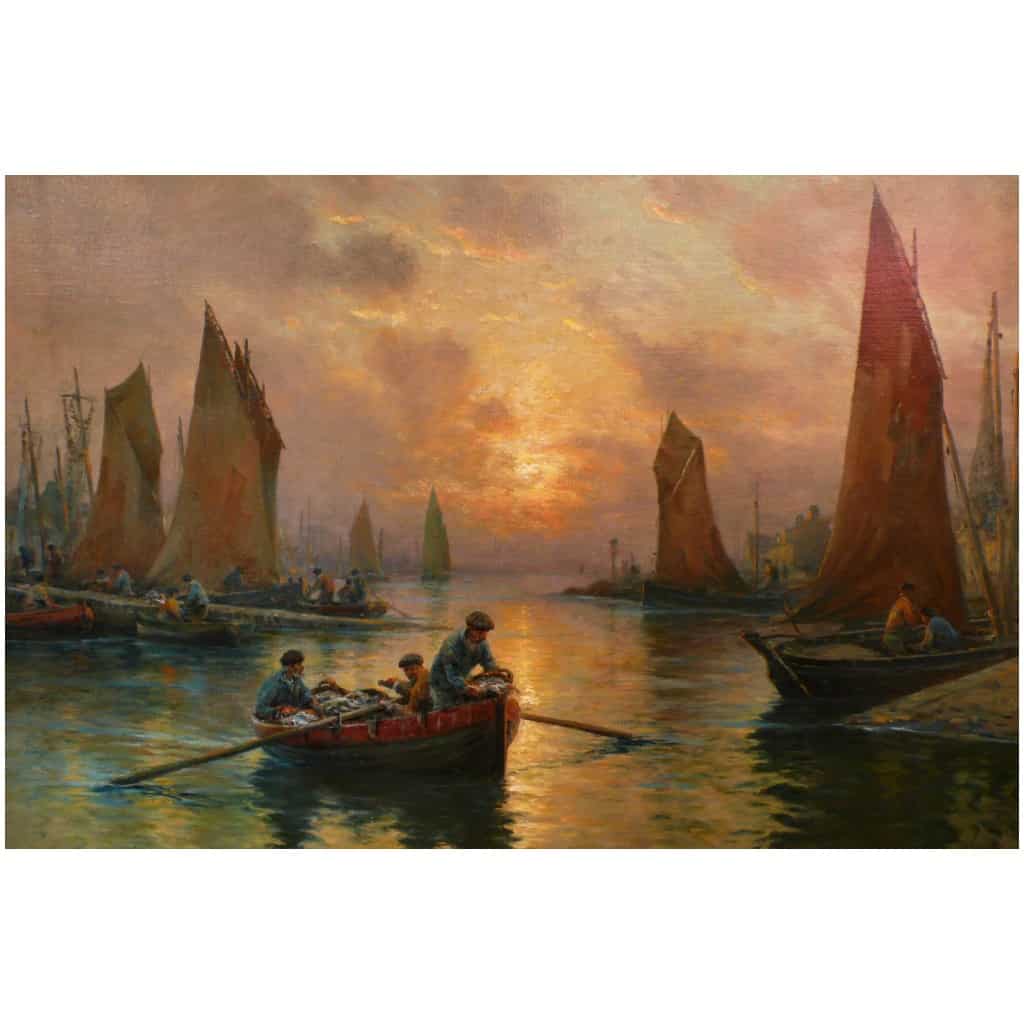MARONIEZ GEORGES FRENCH PAINTING FINE XIXTH CENTURY THE RETURN OF THE FISHERMEN OIL ON CANVAS SIGNED 9