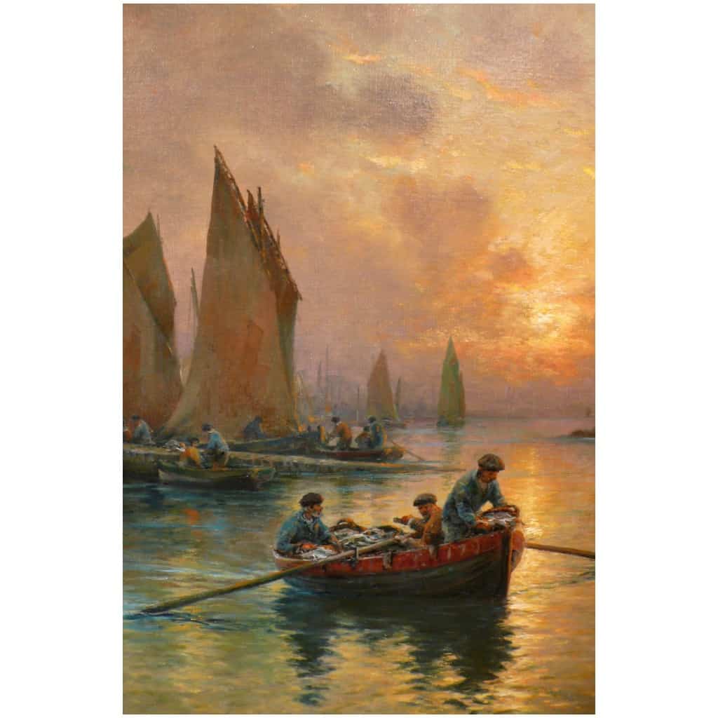 MARONIEZ GEORGES FRENCH PAINTING FINE XIXTH CENTURY THE RETURN OF THE FISHERMEN OIL ON CANVAS SIGNED 8