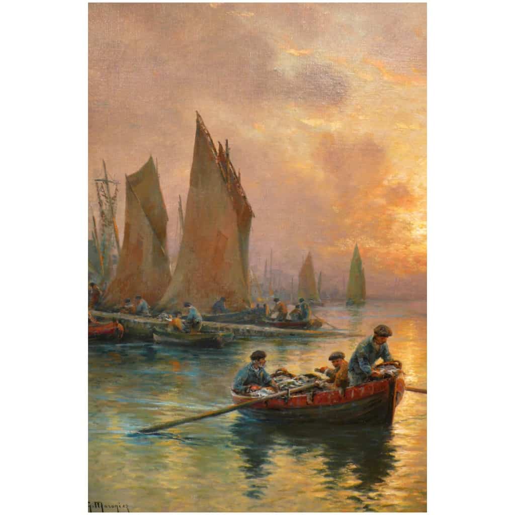 MARONIEZ GEORGES FRENCH PAINTING FINE XIXTH CENTURY THE RETURN OF THE FISHERMEN OIL ON CANVAS SIGNED 7