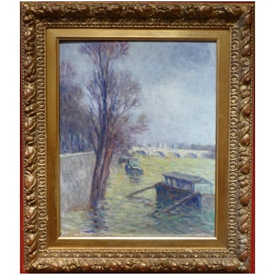 LUCE Maximilien Peinture postimpressionniste, les inondations près du Pont Neuf vers 1910 Certificat