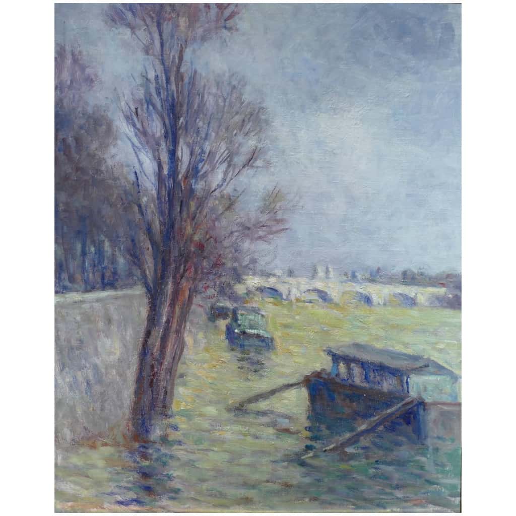LUCE Maximilien Peinture postimpressionniste, les inondations près du Pont Neuf vers 1910 Certificat 10