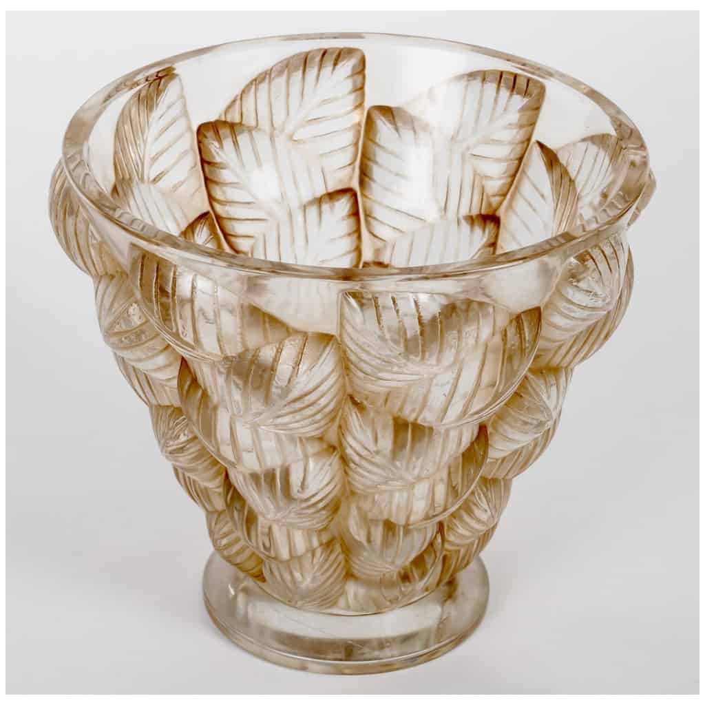1945 Marc Lalique – Moissac Vase White Glass Sepia Patina 5