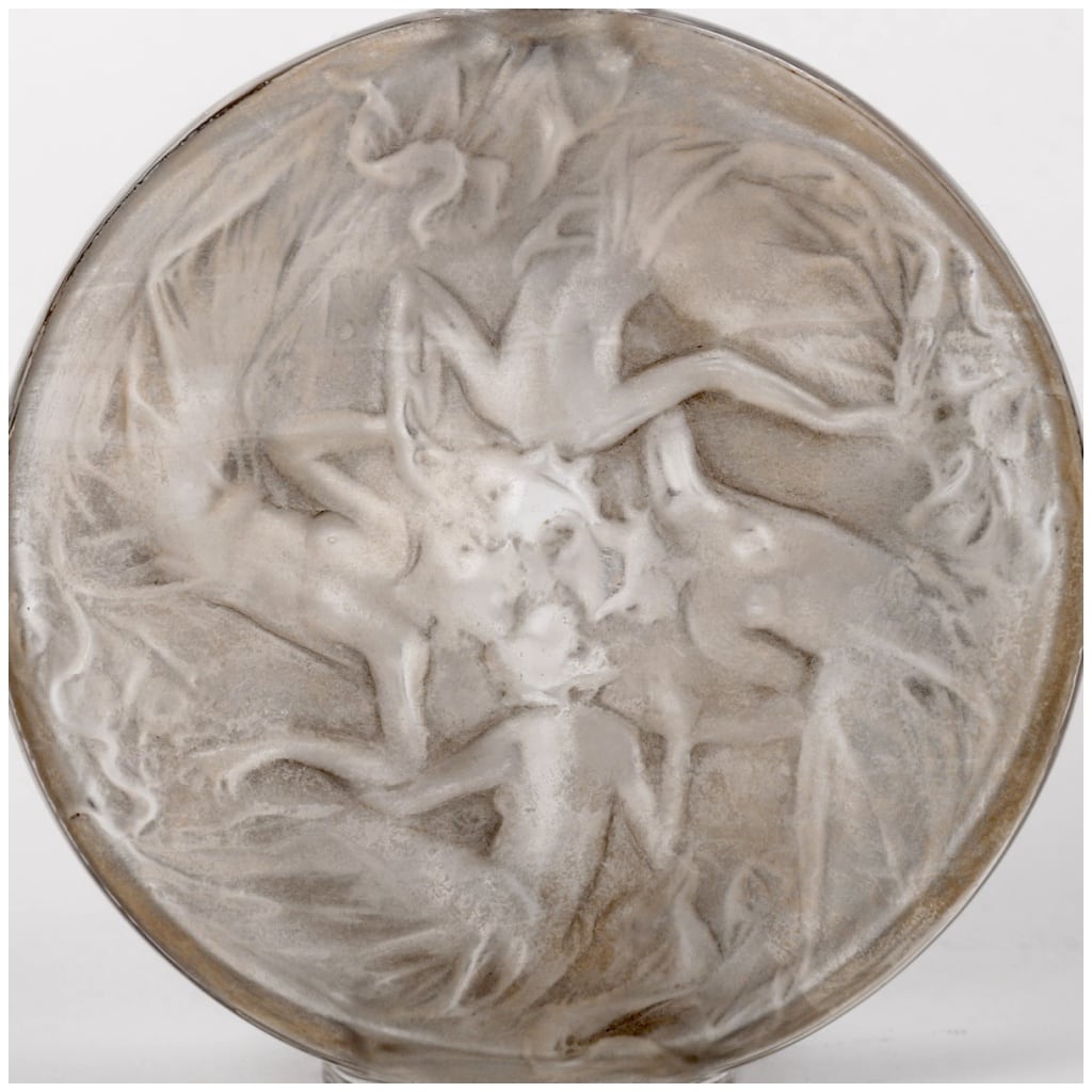 1912 René Lalique – Flacon Rosace Figurines Verre Blanc Patiné Gris 7