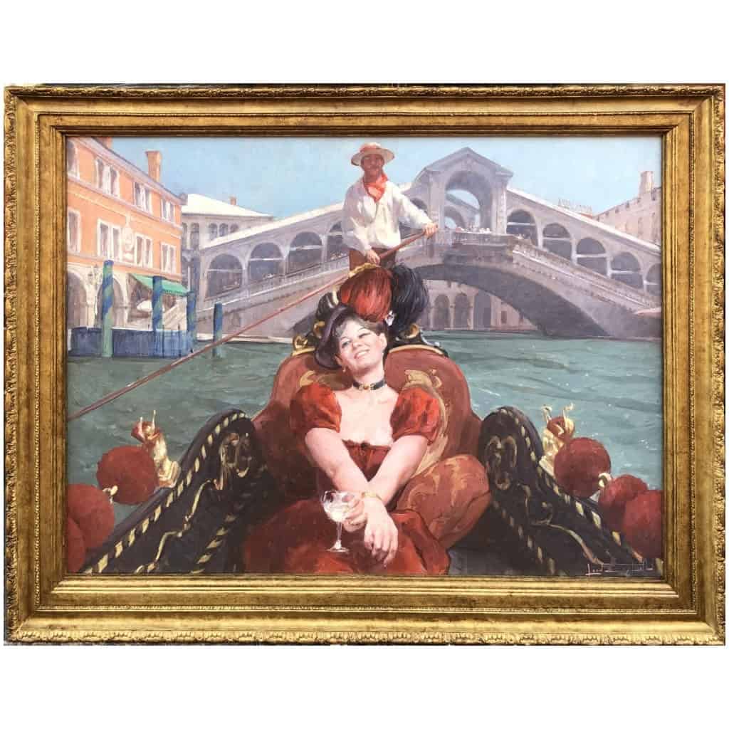 Leon Zeytline Russian School 20th Century Elegant Venice in Gondola near the Rialto Bridge Oil Signed Certificate of Authenticity Catalog Raisonné 3