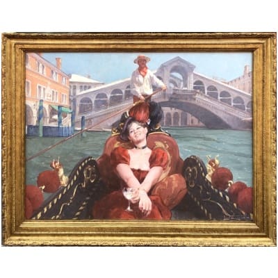 Leon Zeytline Russian School 20th Century Elegant Venice in Gondola near the Rialto Bridge Oil Signed Certificate of Authenticity Catalog Raisonné