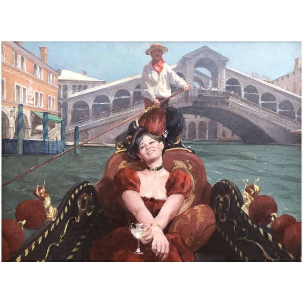 Leon Zeytline Russian School 20th Century Elegant Venice in Gondola near the Rialto Bridge Oil Signed Certificate of Authenticity Catalog Raisonné 9