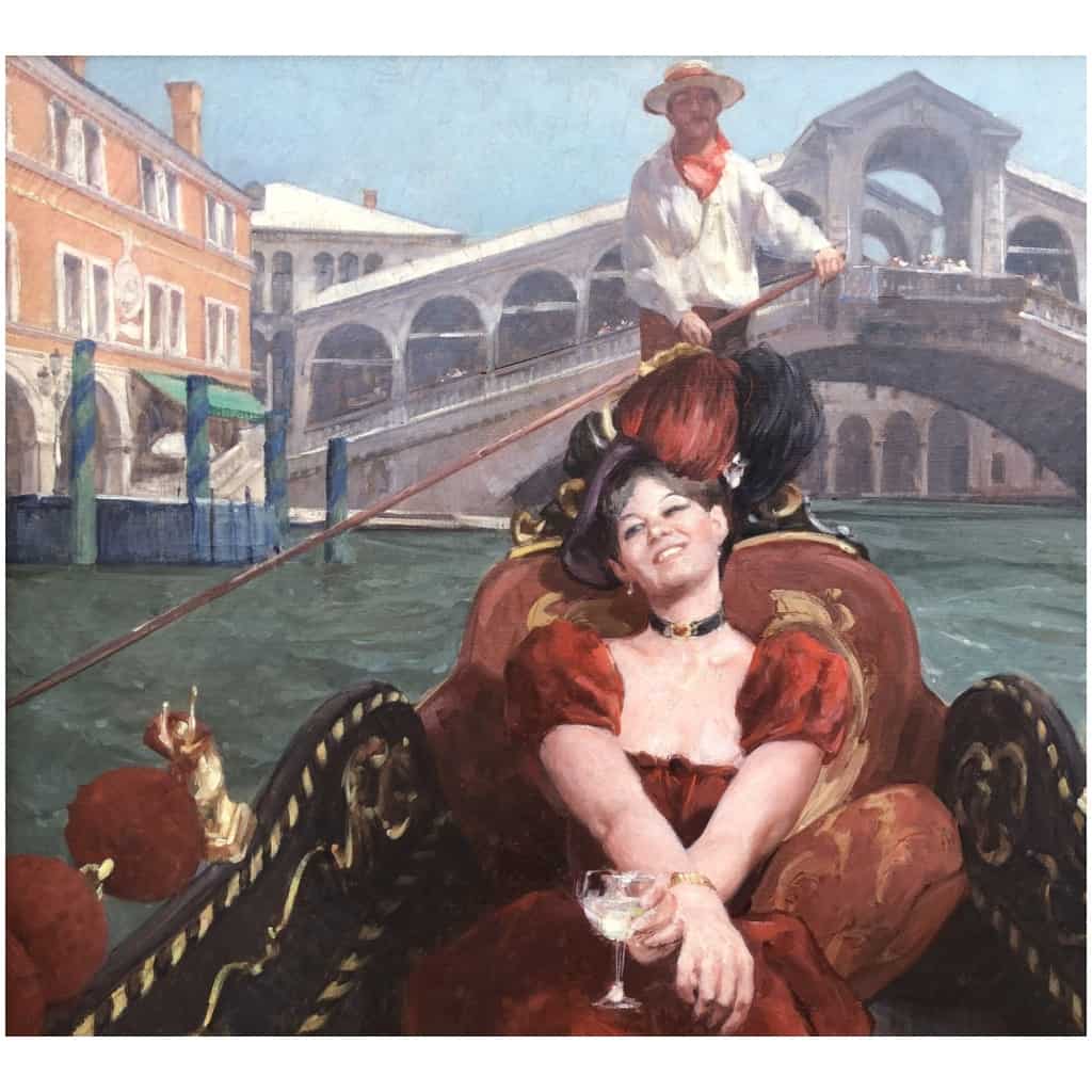 Leon Zeytline Russian School 20th Century Elegant Venice in Gondola near the Rialto Bridge Oil Signed Certificate of Authenticity Catalog Raisonné 8