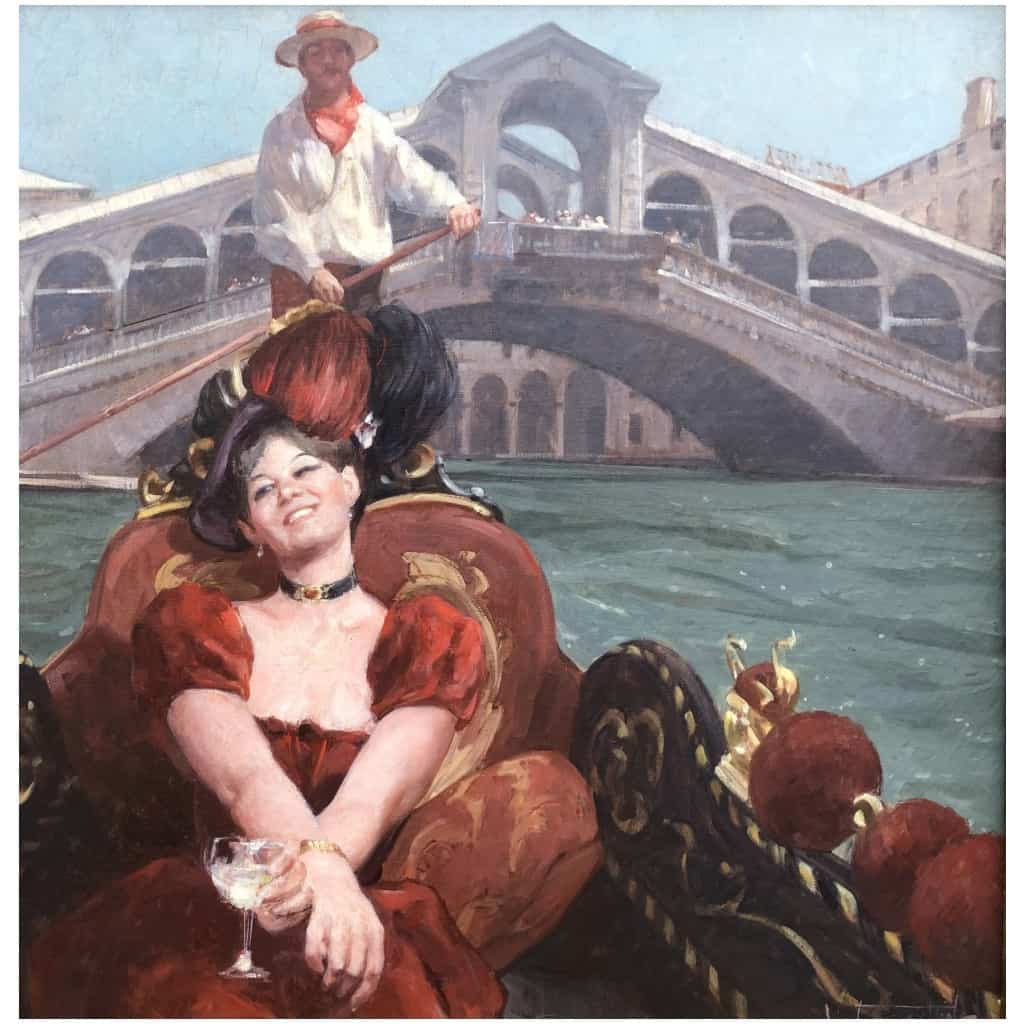 Leon Zeytline Russian School 20th Century Elegant Venice in Gondola near the Rialto Bridge Oil Signed Certificate of Authenticity Catalog Raisonné 7