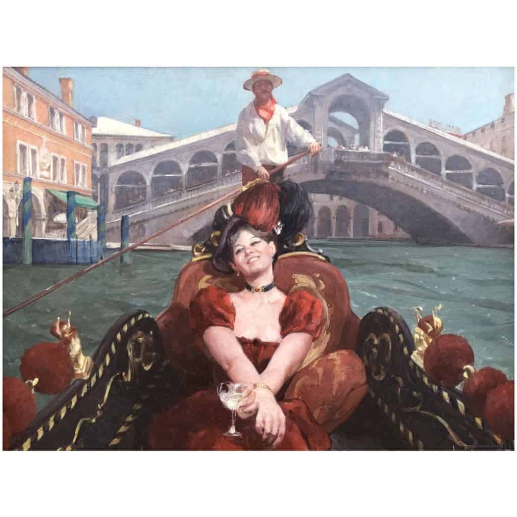 Leon Zeytline Russian School 20th Century Elegant Venice in Gondola near the Rialto Bridge Oil Signed Certificate of Authenticity Catalog Raisonné 6