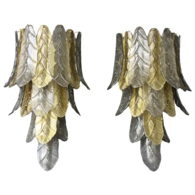 Pair of textured and smoked gold Murano glass sconces in the shape of a palm tree