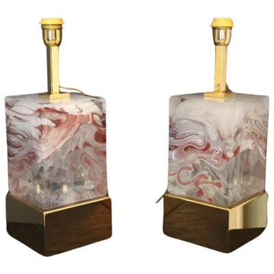 Pair of Table Lamps in Solid Murano Glass Block