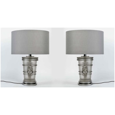 1950 Marc Lalique – Paire De Lampes Pan Faune Cristal Blanc Patiné Gris