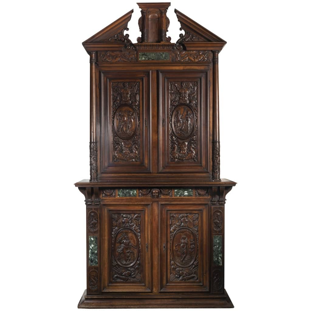 Neo-Renaissance two-body sideboard in carved walnut and marble inclusions, XVIIIand 3