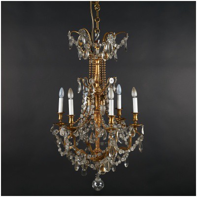 Cage chandelier with gilt bronze beads and Louis style tassels XVI, XIXe