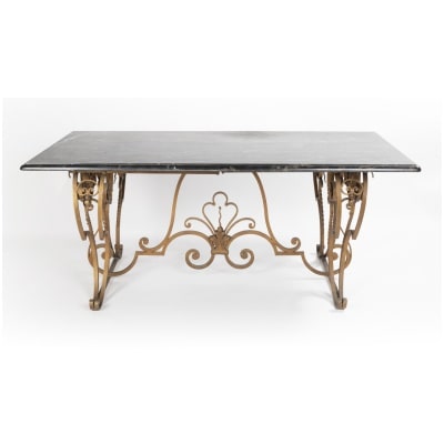 Wrought iron dining room table and portor marble top, XNUMXth century