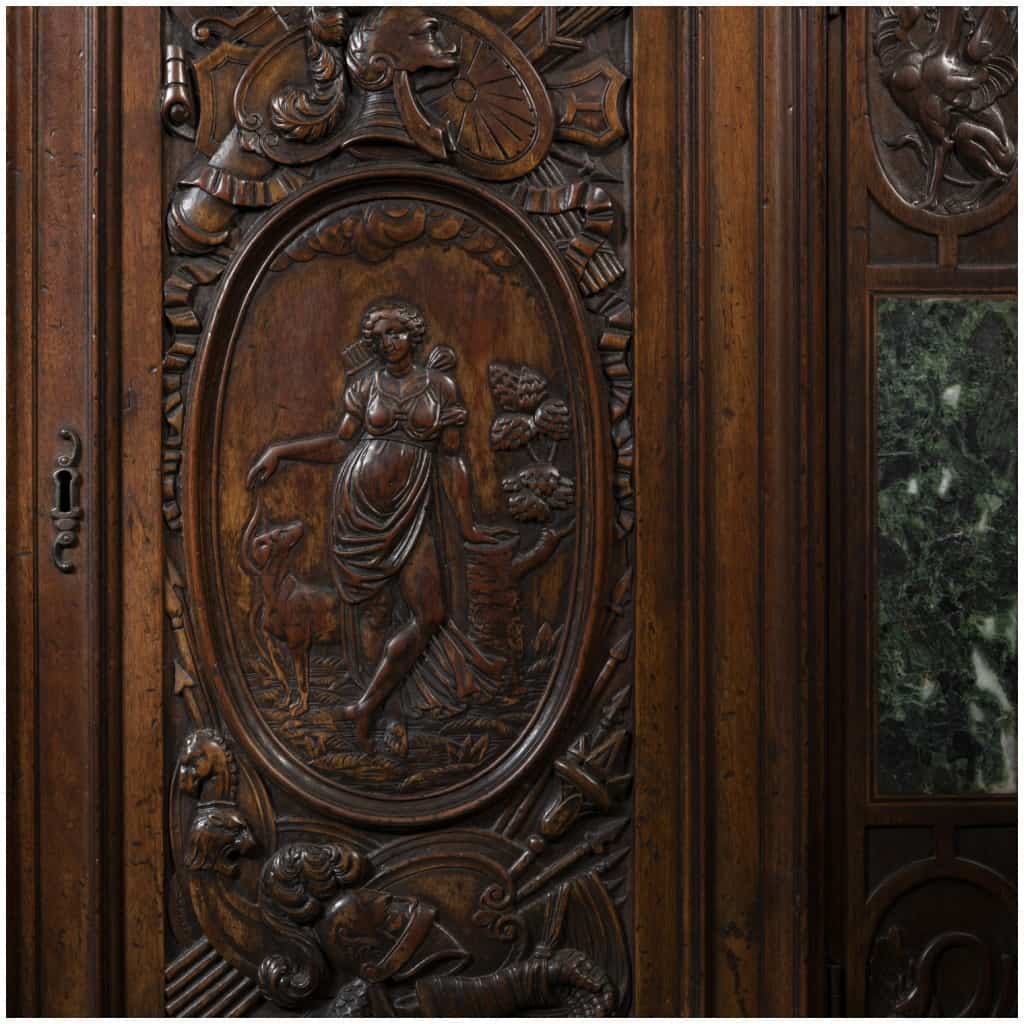 Neo-Renaissance two-body sideboard in carved walnut and marble inclusions, XVIIIand 13