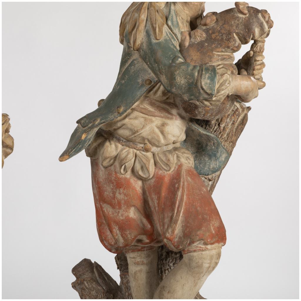 Pair of terracotta sculptures on two trompe-l'oeil painted wooden columns, XIXe 13