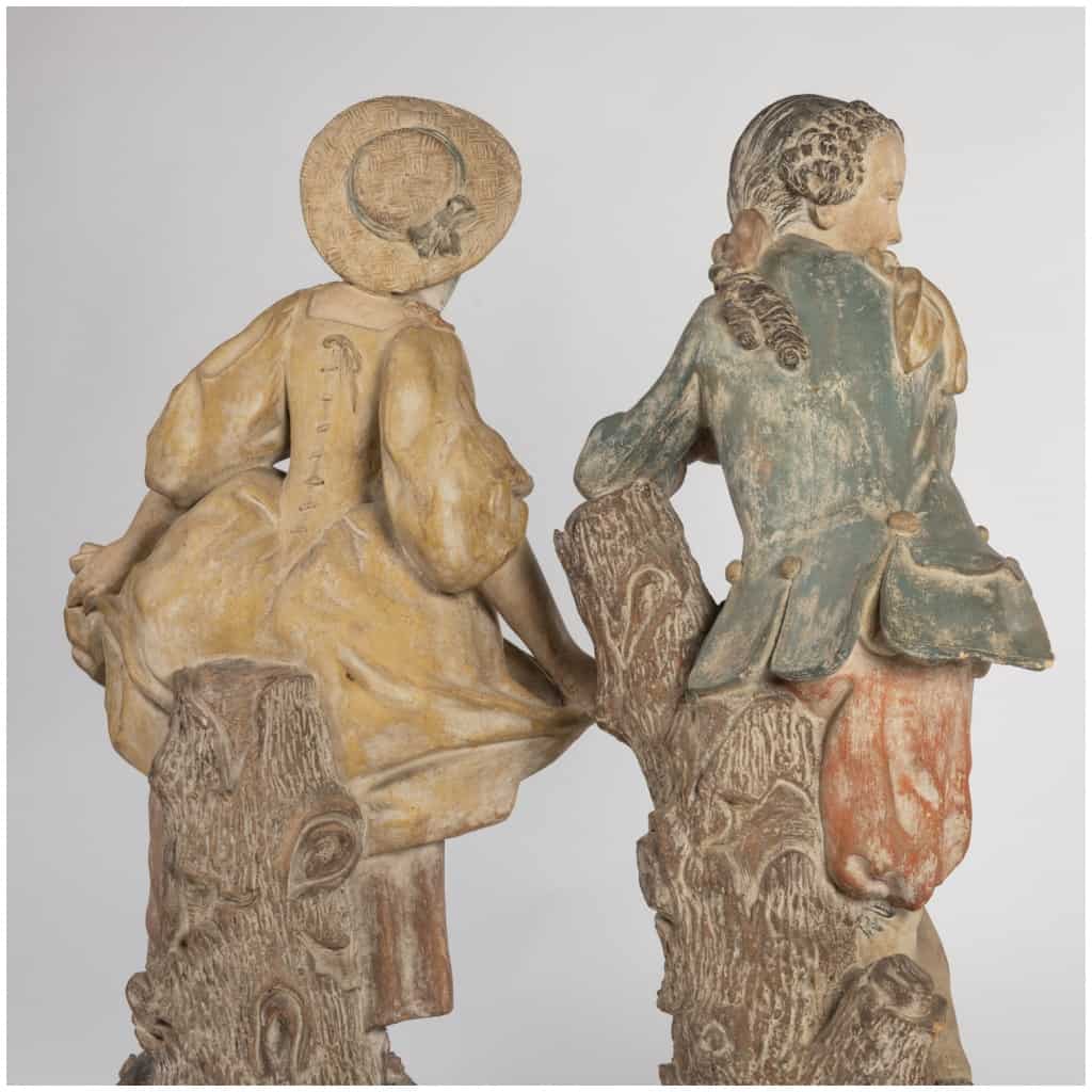 Pair of terracotta sculptures on two trompe-l'oeil painted wooden columns, XIXe 15