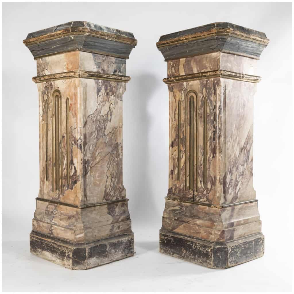Pair of terracotta sculptures on two trompe-l'oeil painted wooden columns, XIXe 18