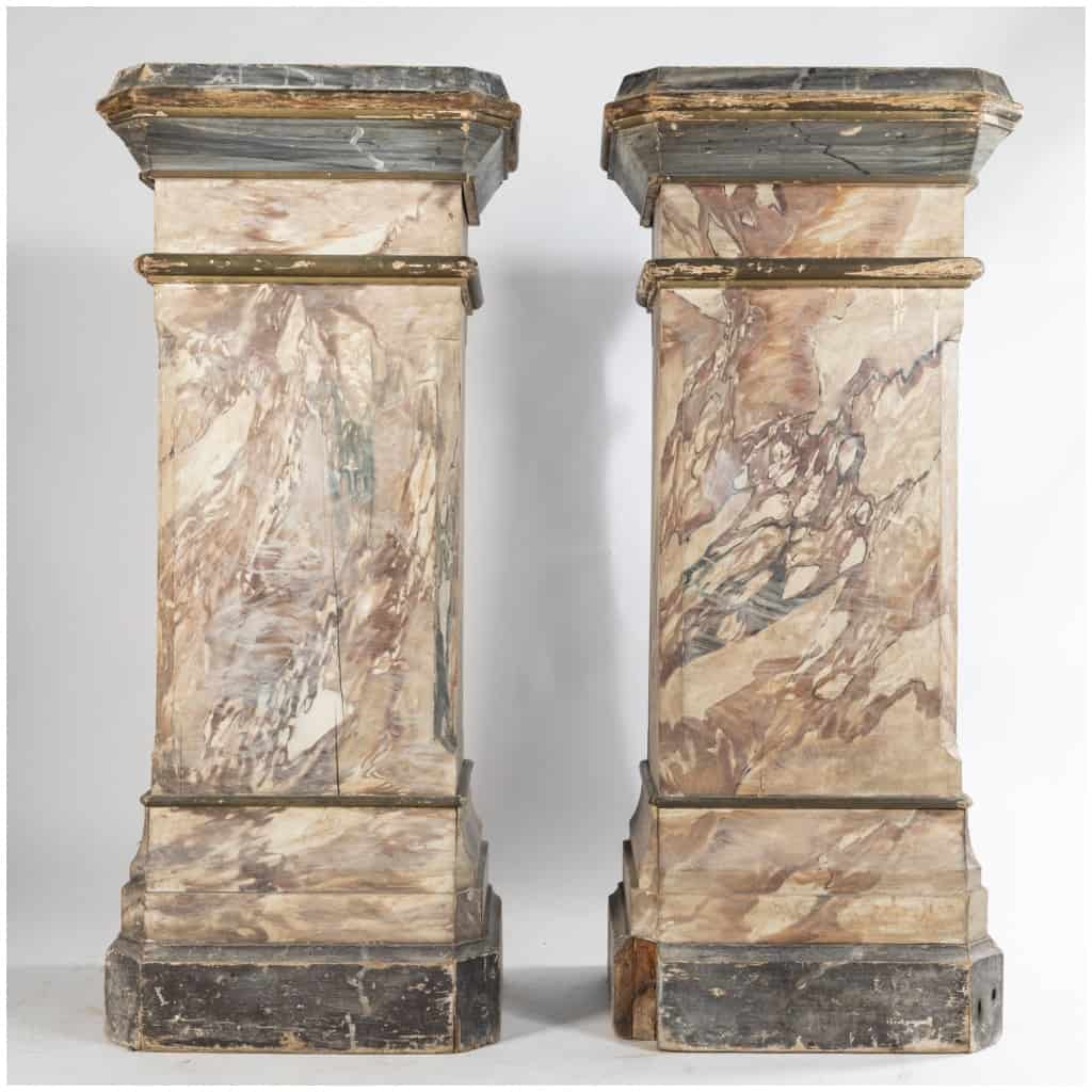 Pair of terracotta sculptures on two trompe-l'oeil painted wooden columns, XIXe 19