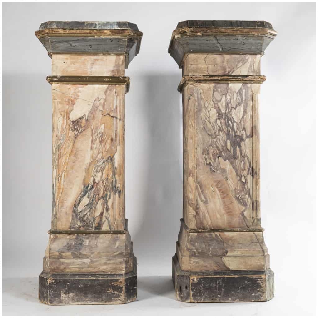 Pair of terracotta sculptures on two trompe-l'oeil painted wooden columns, XIXe 20