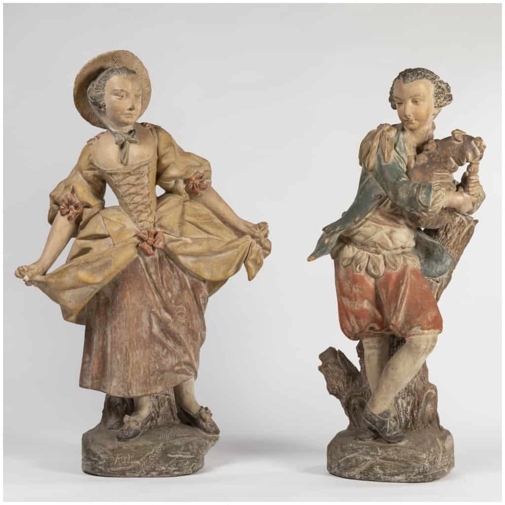 Pair of terracotta sculptures on two trompe-l'oeil painted wooden columns, XIXe 4