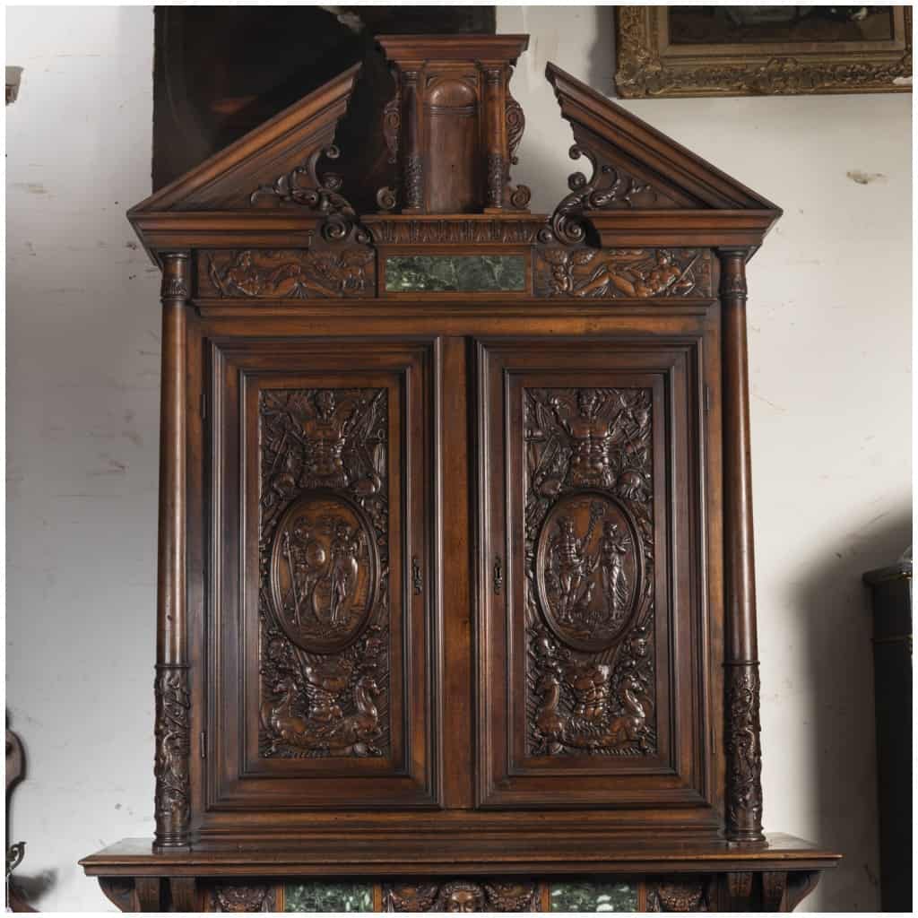 Neo-Renaissance two-body sideboard in carved walnut and marble inclusions, XVIIIand 4