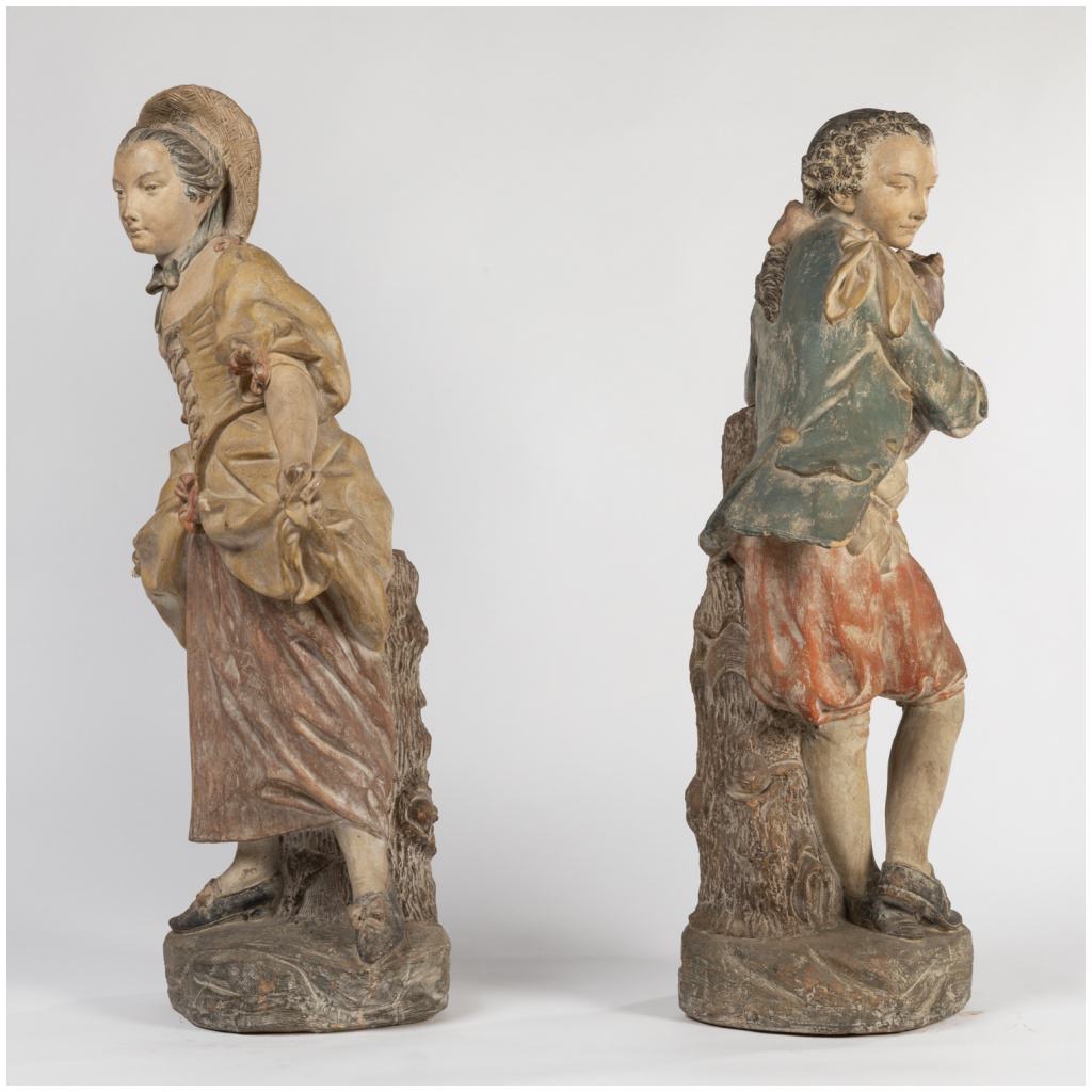 Pair of terracotta sculptures on two trompe-l'oeil painted wooden columns, XIXe 5