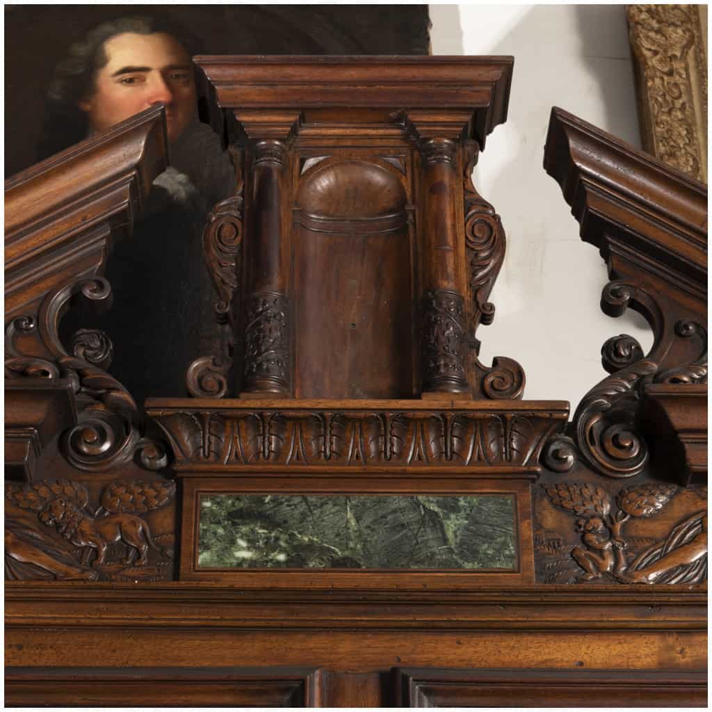 Neo-Renaissance two-body sideboard in carved walnut and marble inclusions, XVIIIand 5