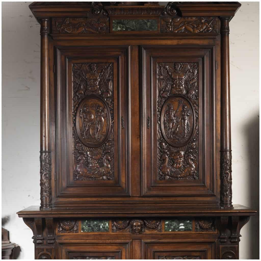 Neo-Renaissance two-body sideboard in carved walnut and marble inclusions, XVIIIand 6
