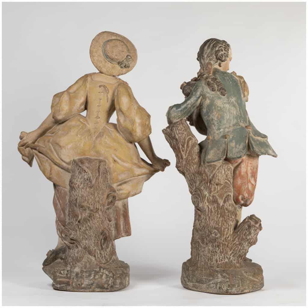 Pair of terracotta sculptures on two trompe-l'oeil painted wooden columns, XIXe 6