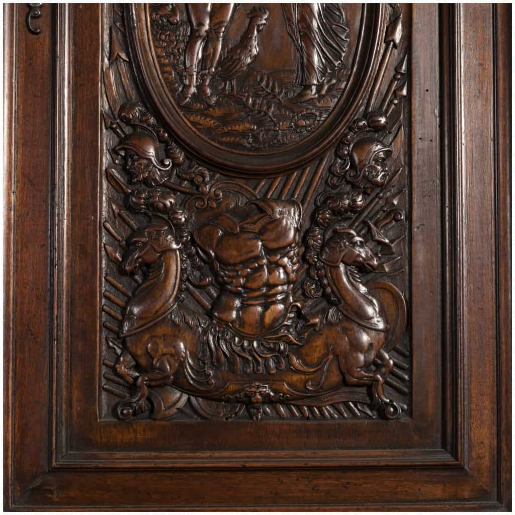 Neo-Renaissance two-body sideboard in carved walnut and marble inclusions, XVIIIand 9