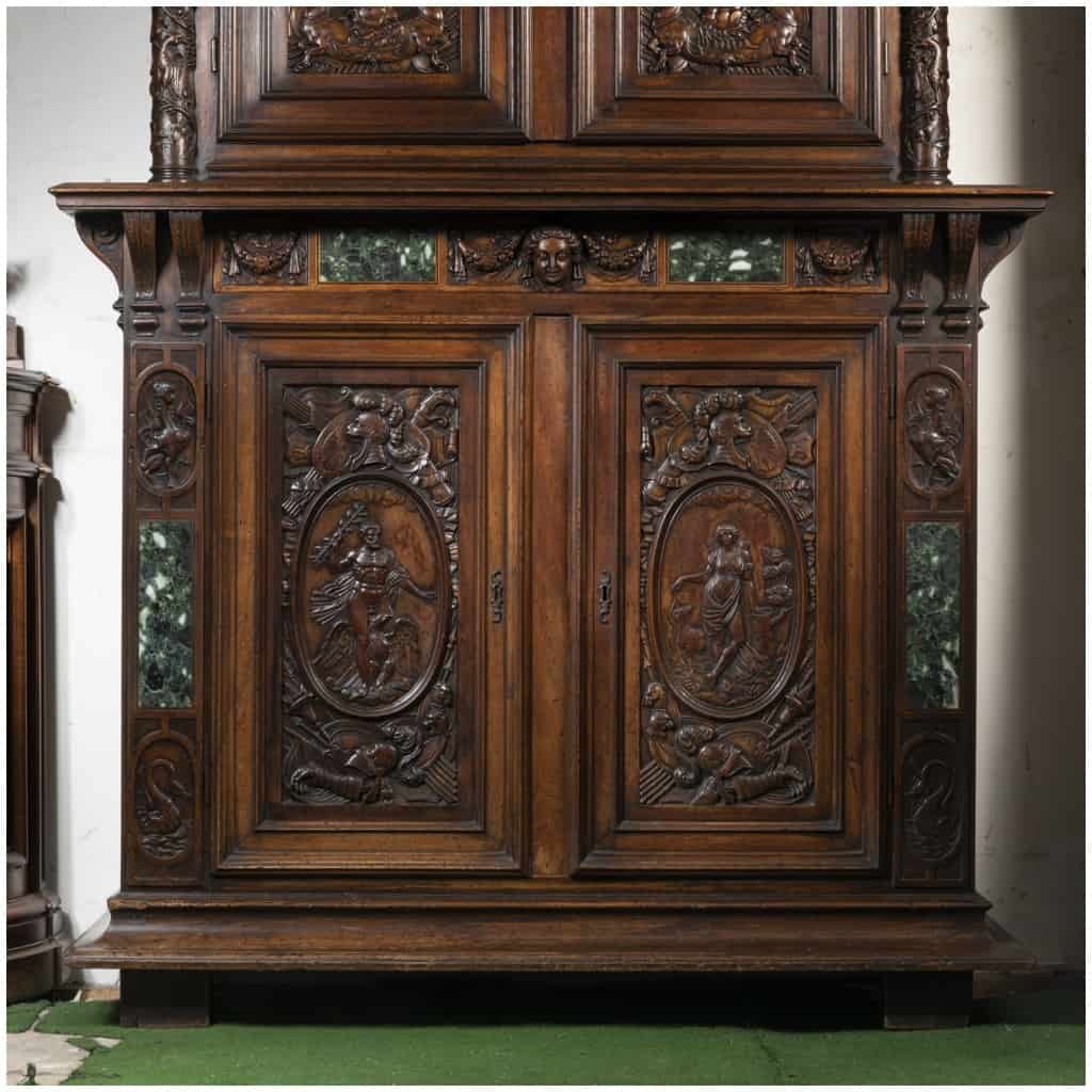 Neo-Renaissance two-body sideboard in carved walnut and marble inclusions, XVIIIand 10