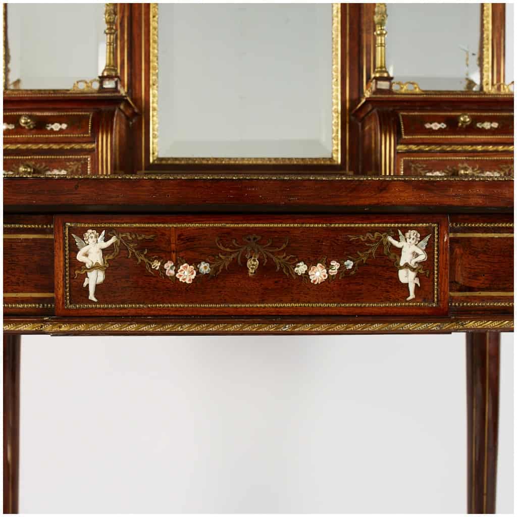 Italy, Lady's desk in mahogany veneer and tinted ivory and mother-of-pearl marquetry, XIXe 10